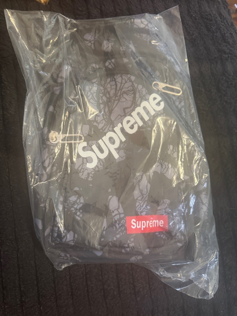 Supreme Black & Gray Camo Backpack with White and Red Logos